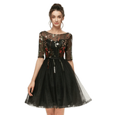 Flash Elegant Ladies' Embroidery Pattern Sheer Sleeve Lace Prom Dress